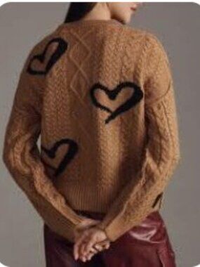 Maeve Heart Graphic Intarsia Cardigan Sweater Camel Black Chunky Knit Medium